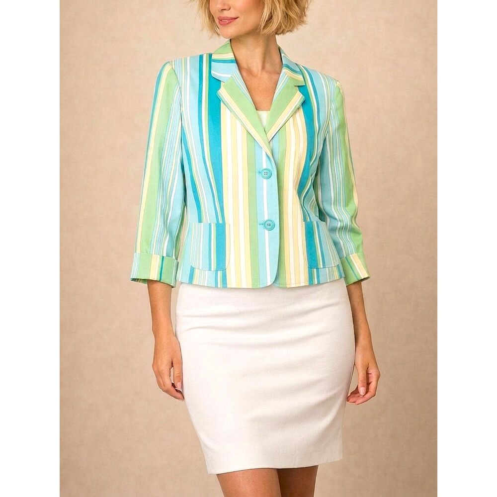 Rafaella Striped Blazer Jacket, Size 8, Blue Green Aqua, 3/4 Cuff Sleeve Summer